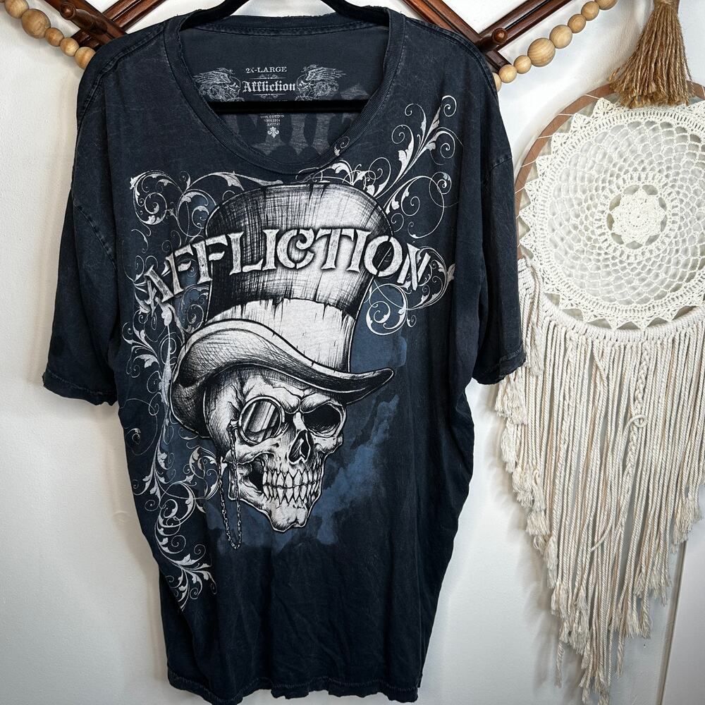 Affliction Skull Top Hat Distressed Graphic T